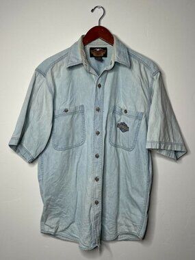 Harley Davidson blue cotton denim button up shirt Size M 100% cotton